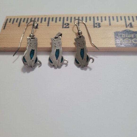 Cat Pendant & Dangle Earrings Sterling Silver Blue Inlay Kitty Lover Jewelry - Picture 7 of 15